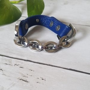 Blue Leather and Chunky Silver Chain Bracelet
